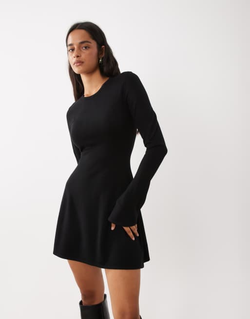 Kaiia exclusive compact knit flared sleeve mini skater dress in black, 2 of 4