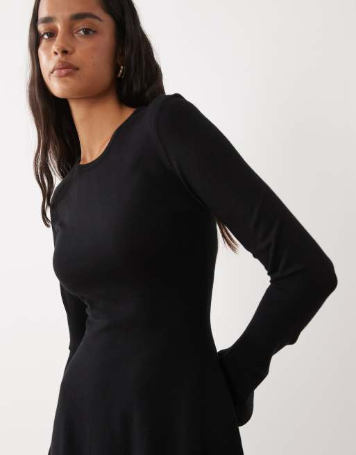 Kaiia exclusive compact knit flared sleeve mini skater dress in black, 4 of 4
