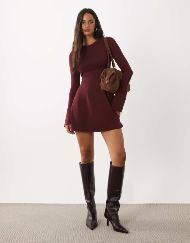 Kaiia exclusive compact knit flared sleeve mini skater dress in burgundy
