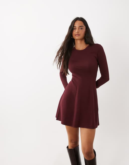 Kaiia exclusive compact knit flared sleeve mini skater dress in burgundy, 2 of 4