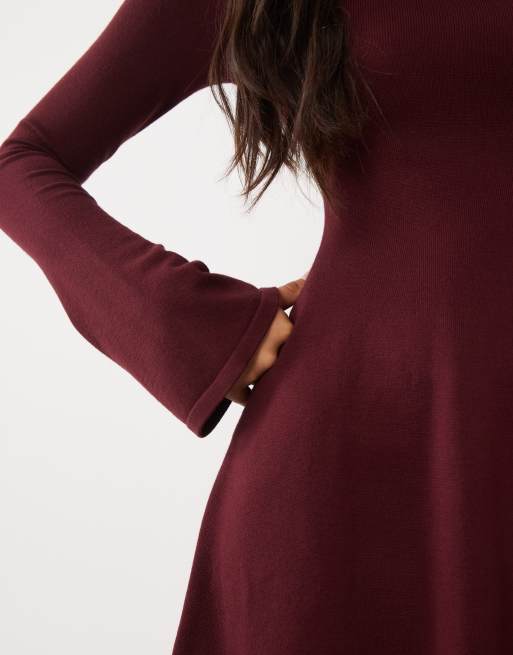 Kaiia exclusive compact knit flared sleeve mini skater dress in burgundy, 3 of 4