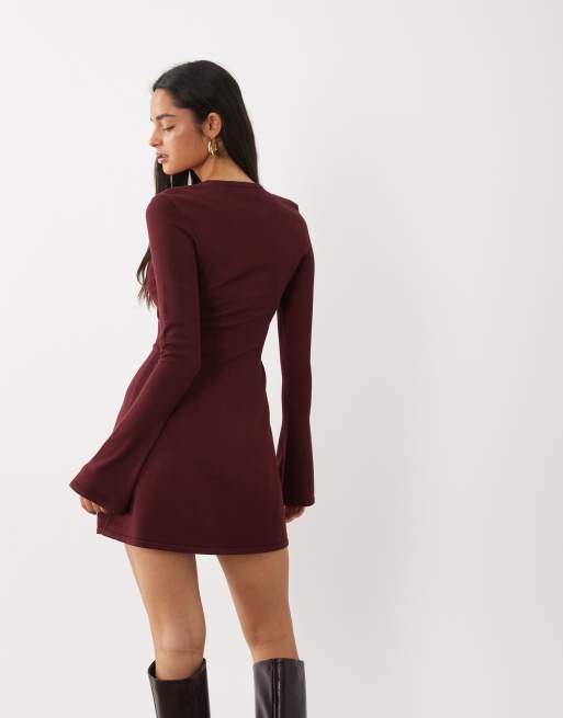 Kaiia exclusive compact knit flared sleeve mini skater dress in burgundy, 4 of 4