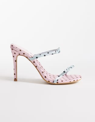  exclusive contrast bow detail kitten heels in blue and baby pink polka dot