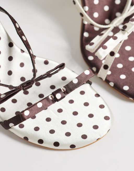 Kaiia exclusive contrast bow detail kitten heels in brown and cream polka dot, 2 of 4