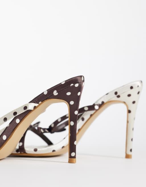Kaiia exclusive contrast bow detail kitten heels in brown and cream polka dot, 3 of 4