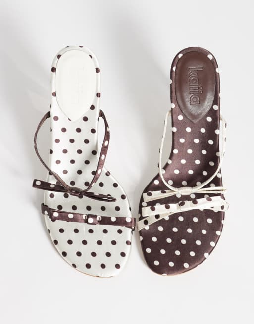 Kaiia exclusive contrast bow detail kitten heels in brown and cream polka dot, 4 of 4