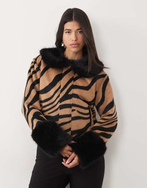 Kaiia exclusive contrast faux fur trim jacket in beige zebra print - view 1