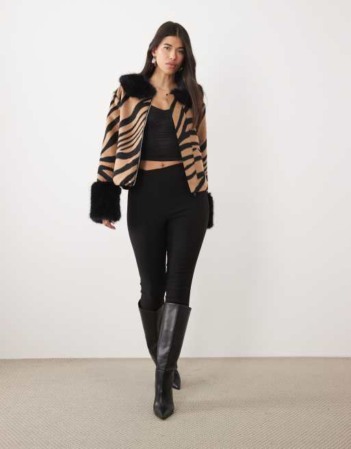 Kaiia exclusive contrast faux fur trim jacket in beige zebra print, 2 of 4