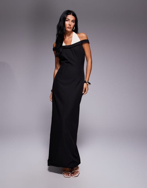 Kaiia exclusive contrast halter bardot maxi dress in monochrome
