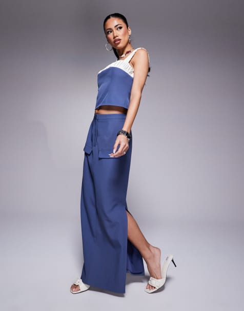 Kaiia exclusive contrast satin detail cami top & tailored pocket detail skirt co-ord in blue - view 1