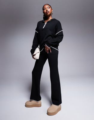 exclusive contrast stitch wide leg knit pants in black - part of a set