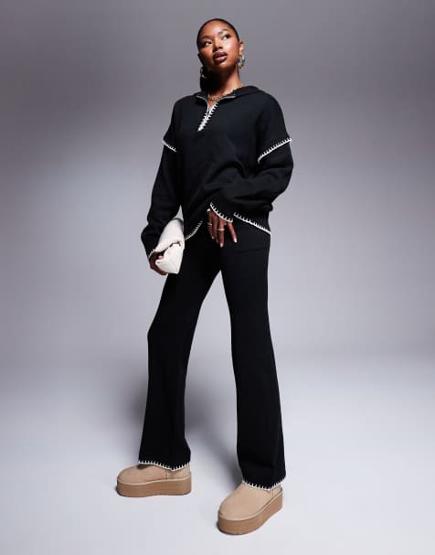 Kaiia exclusive contrast stitch wide leg knitted trousers co-ord in black 
