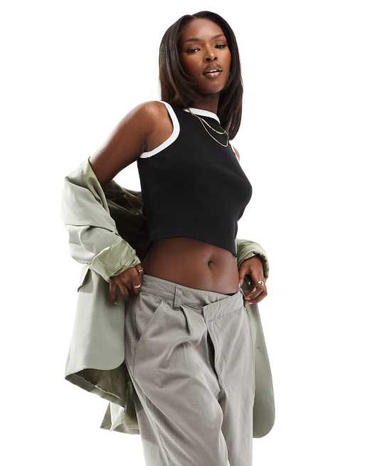 Kaiia exclusive contrast trim ribbed racerneck crop top in black  
