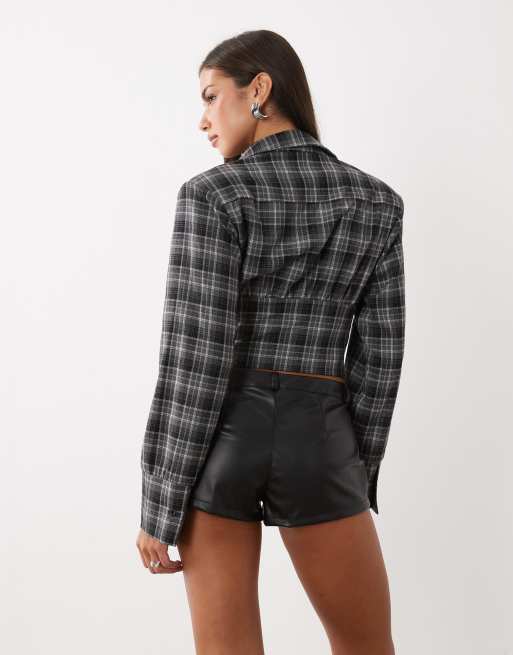 Kaiia exclusive corset detail cinched cropped shirt in blue check, 4 of 4