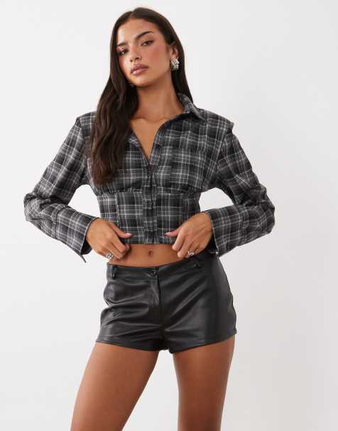 Kaiia exclusive corset detail cinched cropped shirt in charcoal check - view 1