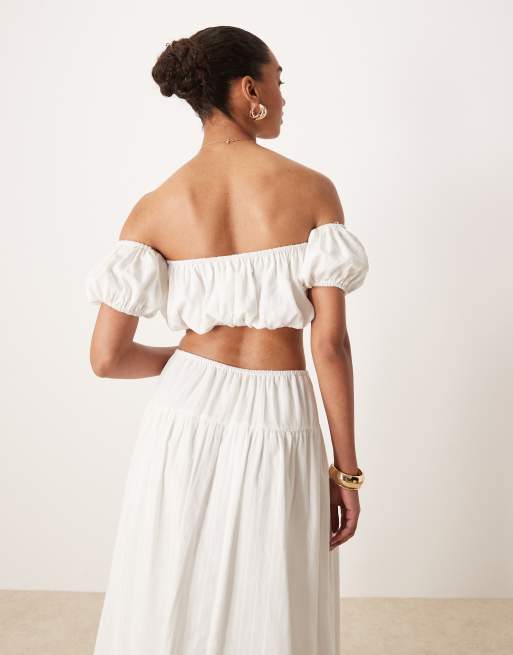 Kaiia exclusive cotton bardot gathered puff detail crop top co-ord in white  , 4 of 4