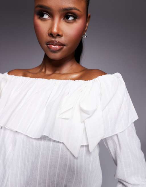 Kaiia exclusive cotton blend bardot ruffle foldover bow detail long sleeve top in textured white stripe   , 3 of 4
