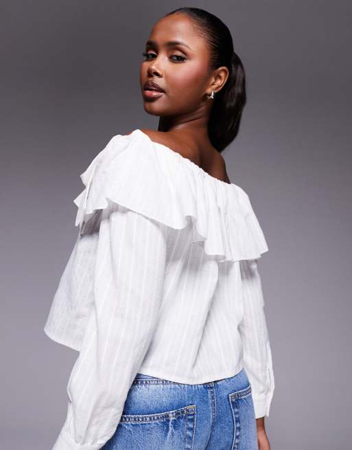 Kaiia exclusive cotton blend bardot ruffle foldover bow detail long sleeve top in textured white stripe   , 4 of 4