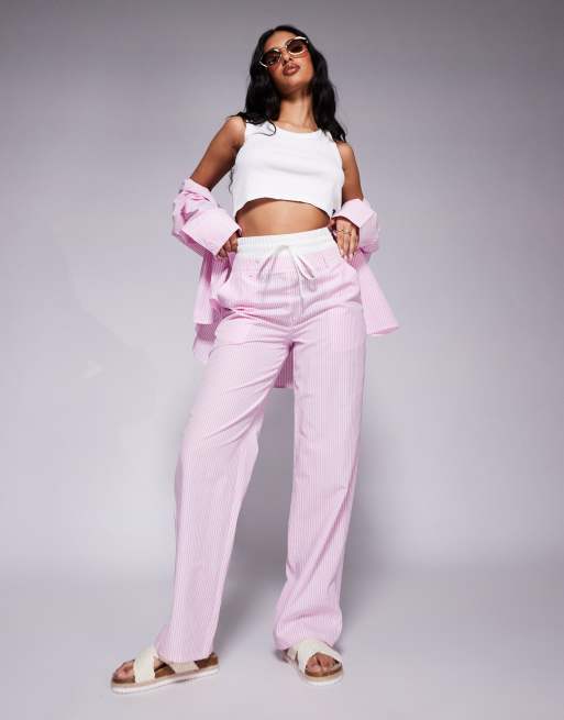 Kaiia exclusive oversized poplin shirt and trousers co-ord in pink stripe, 2 of 2