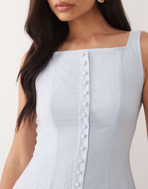Kaiia exclusive cotton blend button front square neck pleated mini dress in light blue, 4 of 4