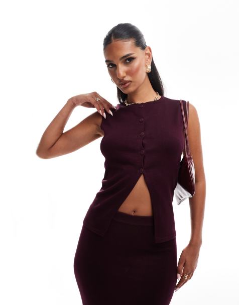 Kaiia exclusive cotton blend fine knit button through longline waistcoat co-ord in burgundy - view 1