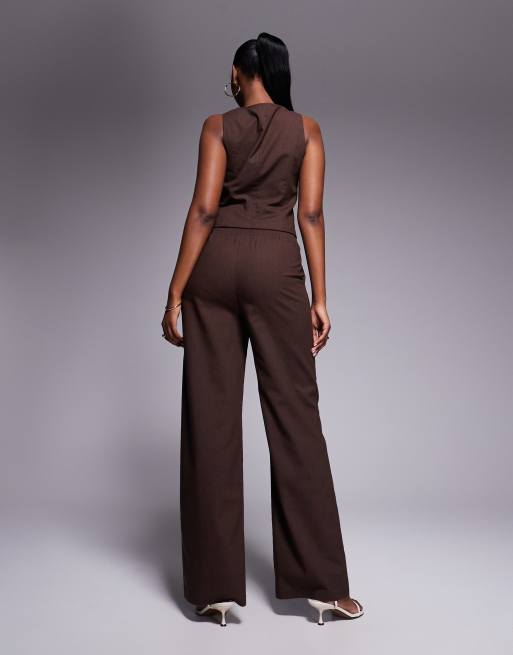 Kaiia exclusive cotton blend linen look tailored wide leg trouser co-ord in chocolate brown    , 2 of 5