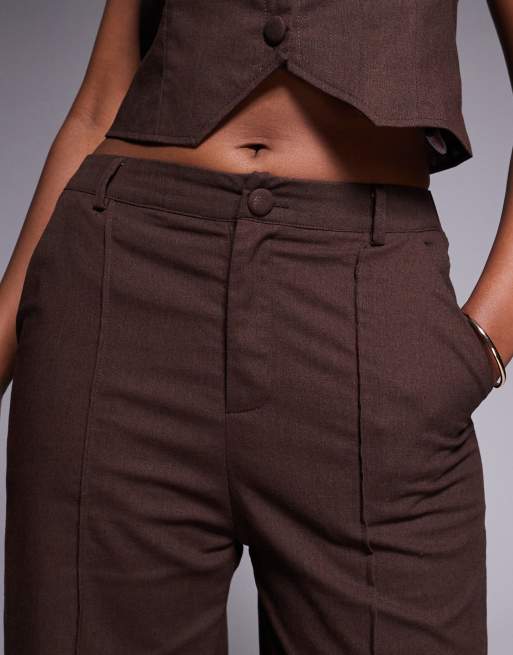 Kaiia exclusive cotton blend linen look tailored wide leg trouser co-ord in chocolate brown    , 5 of 5