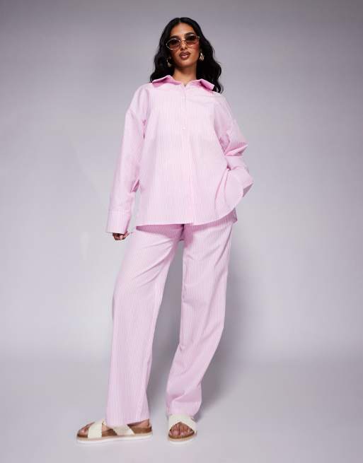 Kaiia exclusive cotton blend oversized button up poplin shirt in pink stripe - part of a set  , 2 of 4