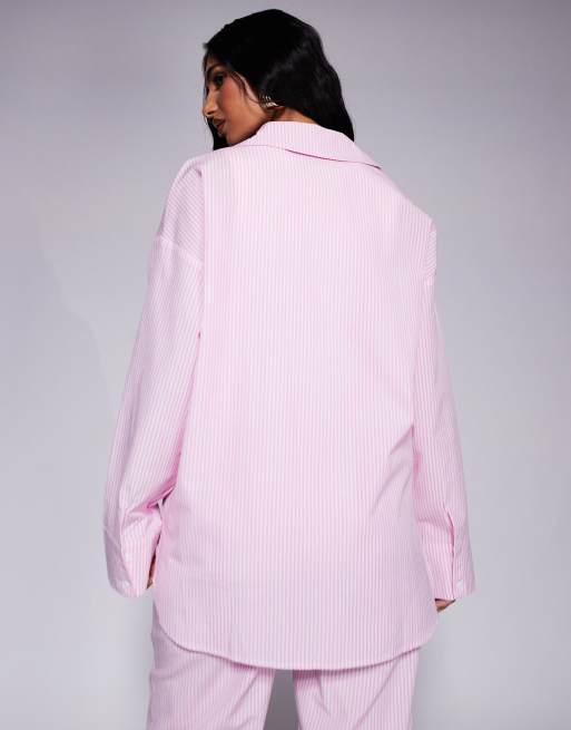 Kaiia exclusive cotton blend oversized button up poplin shirt in pink stripe - part of a set  , 3 of 4