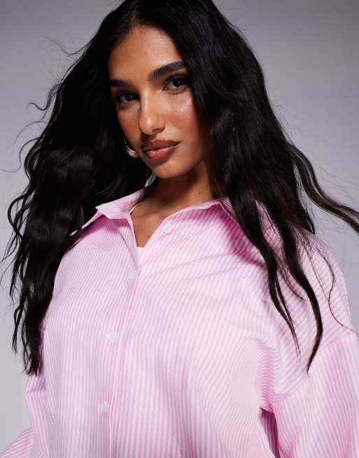 Kaiia exclusive cotton blend oversized button up poplin shirt in pink stripe - part of a set  , 4 of 4