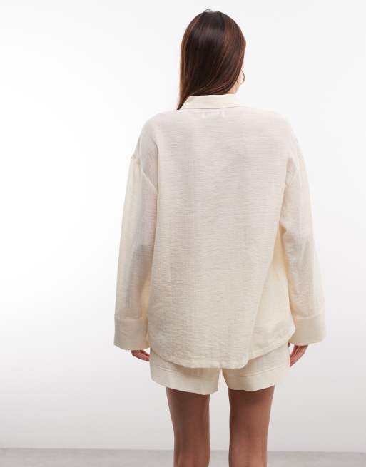 Kaiia exclusive cotton blend oversized tie front shirt in light lemon (part of a set), 4 of 8