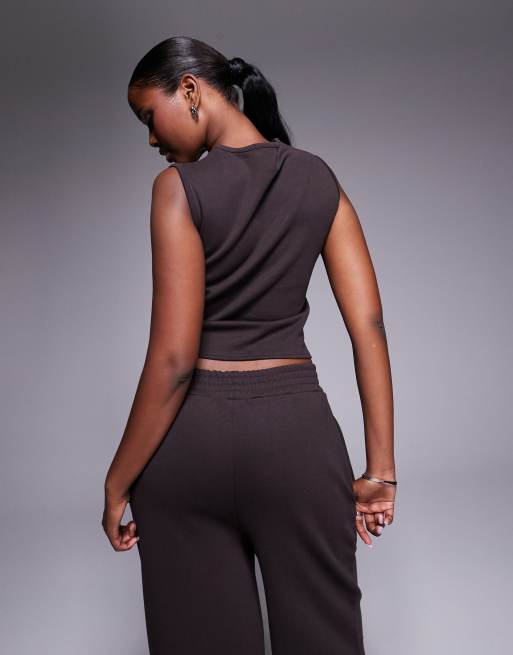 Kaiia exclusive cotton blend popper front label logo detail waistcoat top co-ord in chocolate  , 2 of 4