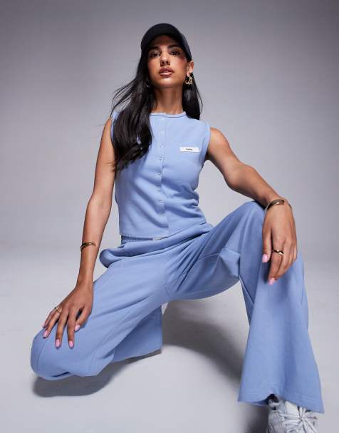 Kaiia exclusive cotton-blend sleeveless cropped button-through singlet top in blue (Part of a set) - view 1