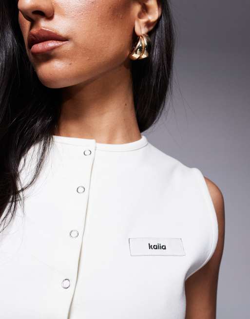 Kaiia exclusive cotton blend sleeveless cropped button through singlet top in cream (part of a set)   , 2 of 4
