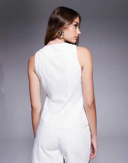 Kaiia exclusive cotton blend sleeveless high neck split front button through linen cotton look waistcoat top co-ord in white    , 4 of 4