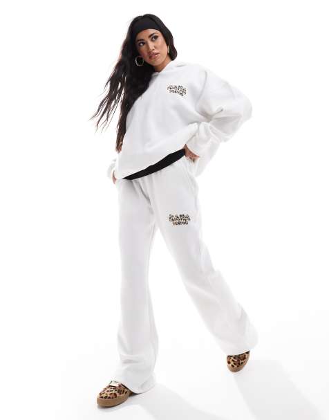 Kaiia exclusive cotton blend wide leg leopard logo trackies in cream (part of a set) - view 1