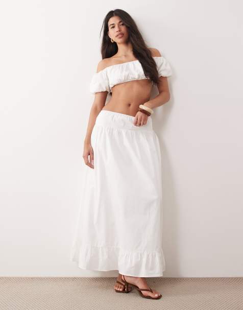 Kaiia exclusive cotton drop waist ruffle hem maxi skirt co-ord in white - view 1