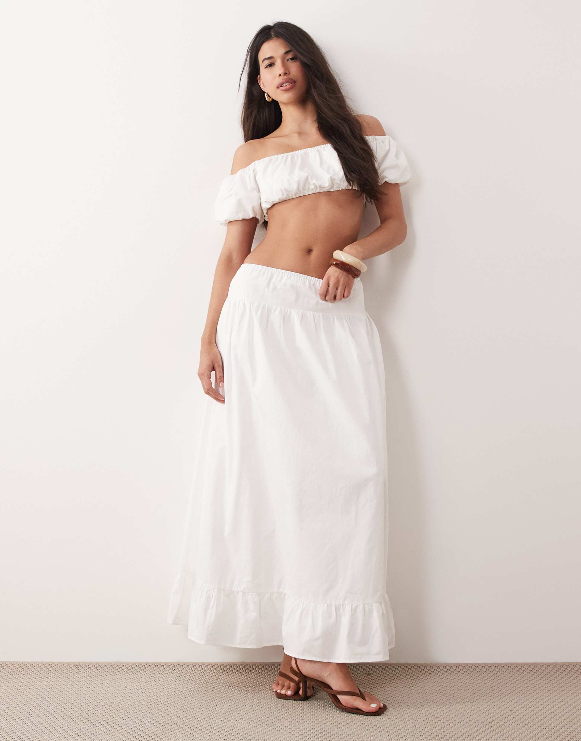 kaiia exclusive cotton drop waist ruffle hem maxi skirt in white - part of a set