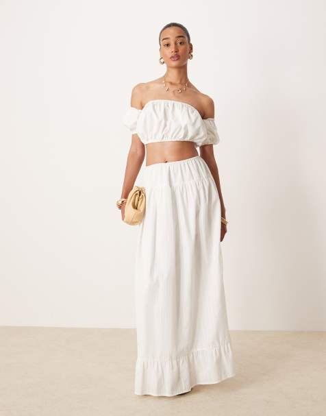 Kaiia exclusive cotton gathered prairie maxi skirt co-ord in white 