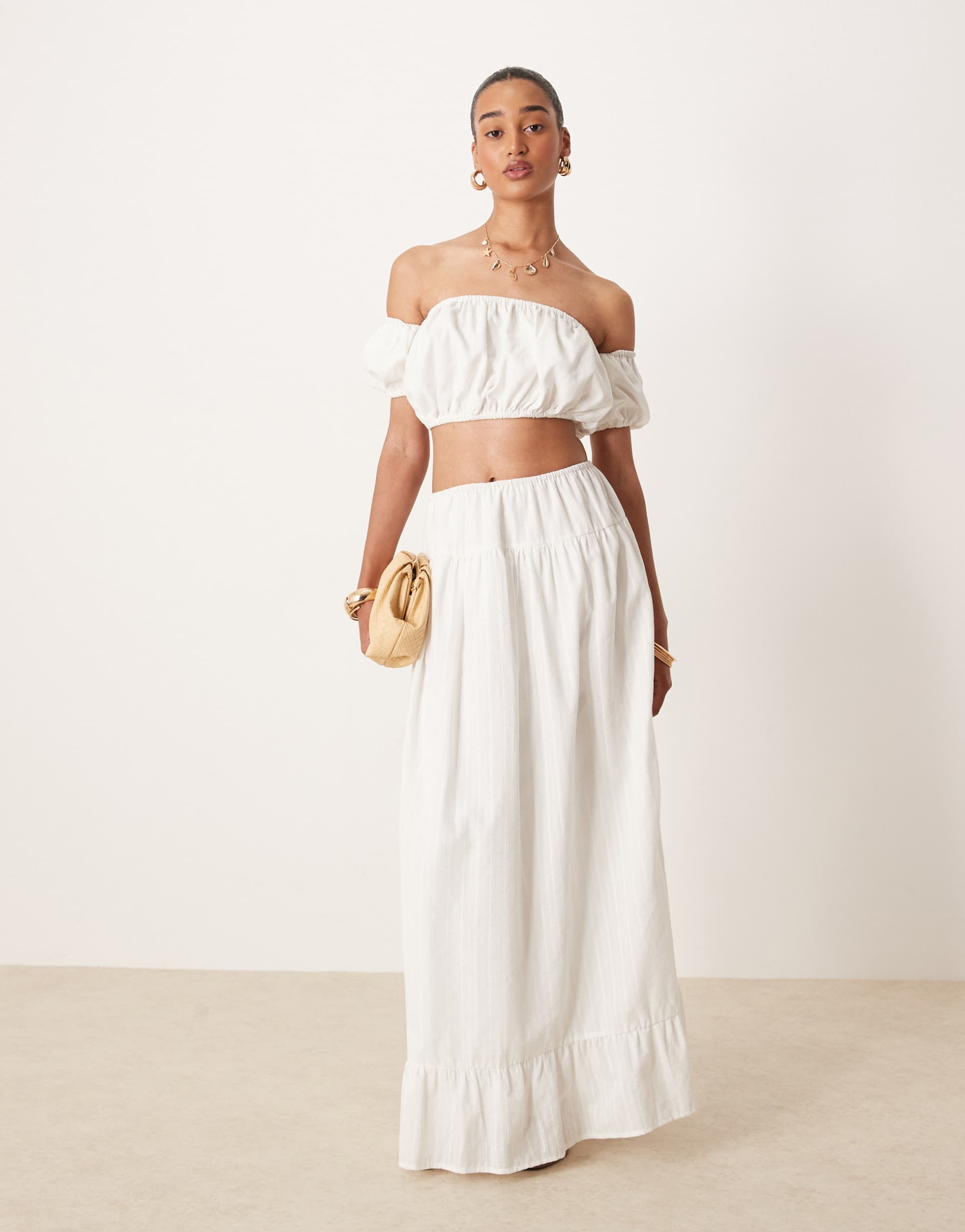 kaiia exclusive cotton gathered prairie maxi skirt in white - part of a set