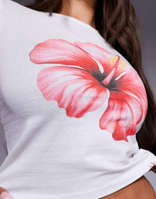 Kaiia exclusive cotton hibiscus flower graphic baby tee in white