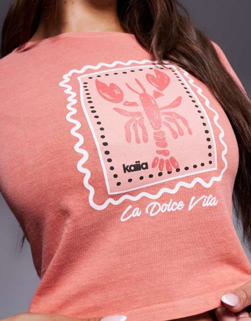 Kaiia exclusive cotton La Dolce Vita lobster graphic baby tee in coral, 4 of 4
