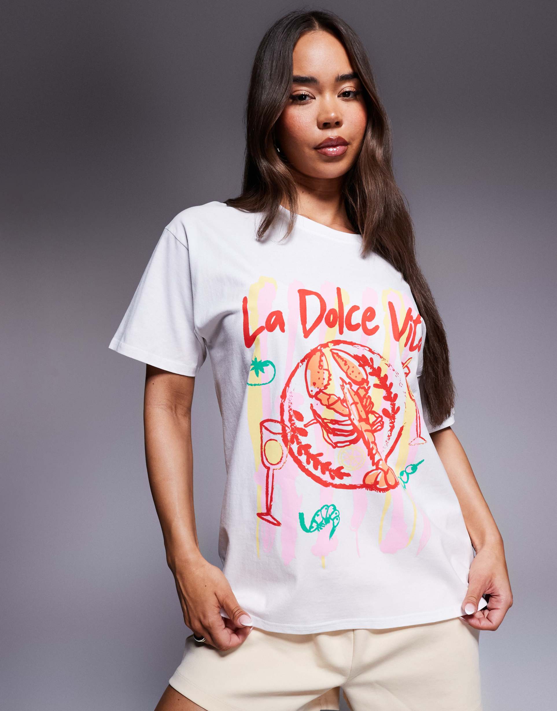 kaiia exclusive cotton la dolce vita lobster graphic oversized t-shirt in white