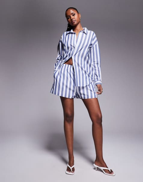 Kaiia exclusive cotton loose shorts in blue and white deckchair stripes - part of a set - view 1