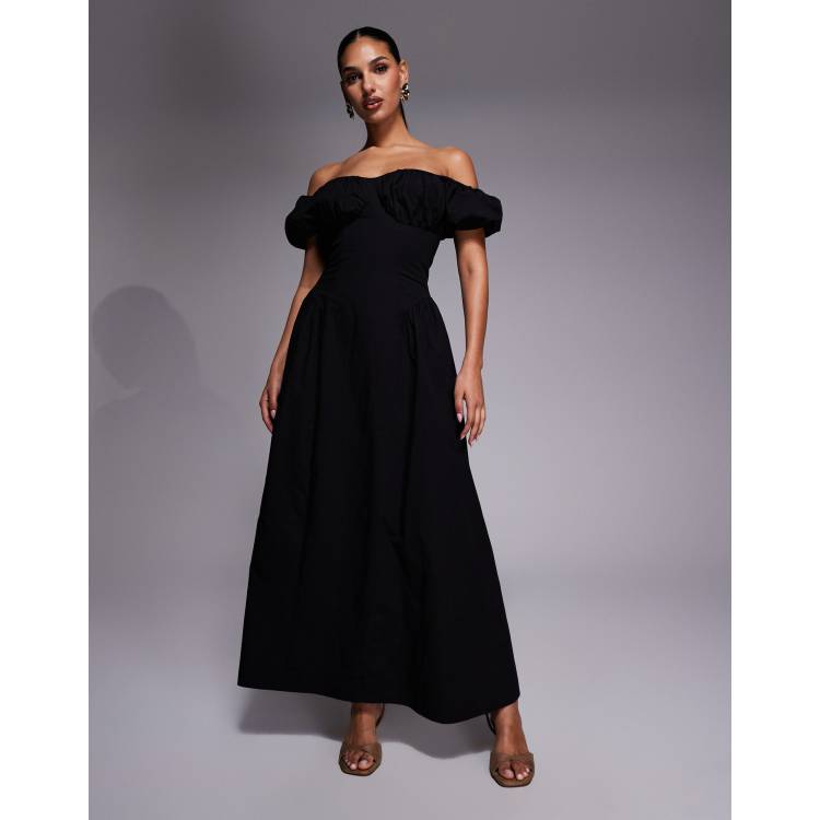 black milkmaid midi dress Black Tulle Dot Milkmaid Dress