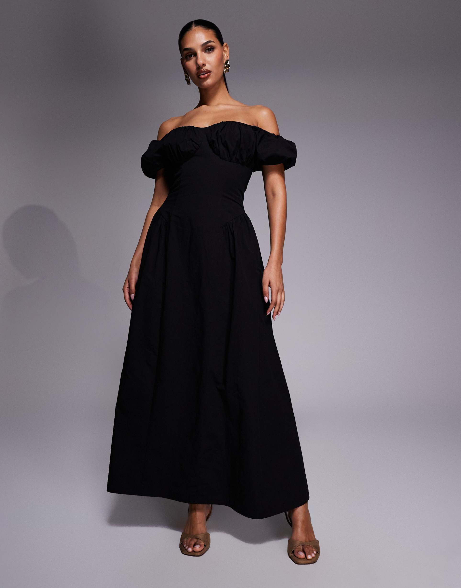 kaiia exclusive cotton milkmaid puff sleeve hip pleat detail maxi dress in black