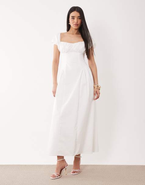 Kaiia exclusive cotton milkmaid puff sleeve hip pleat detail maxi dress in cream - view 1