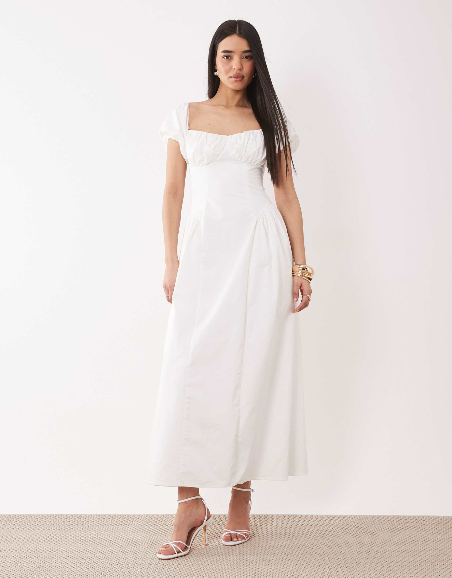 kaiia exclusive cotton milkmaid puff sleeve hip pleat detail maxi dress in cream