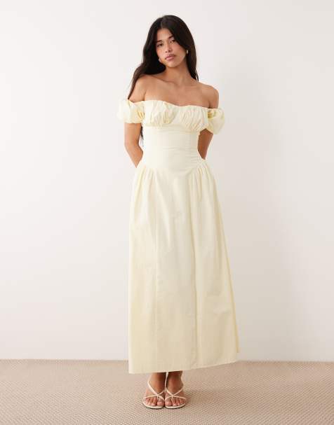 Kaiia exclusive cotton milkmaid puff sleeve hip pleat detail maxi dress in lemon - view 1