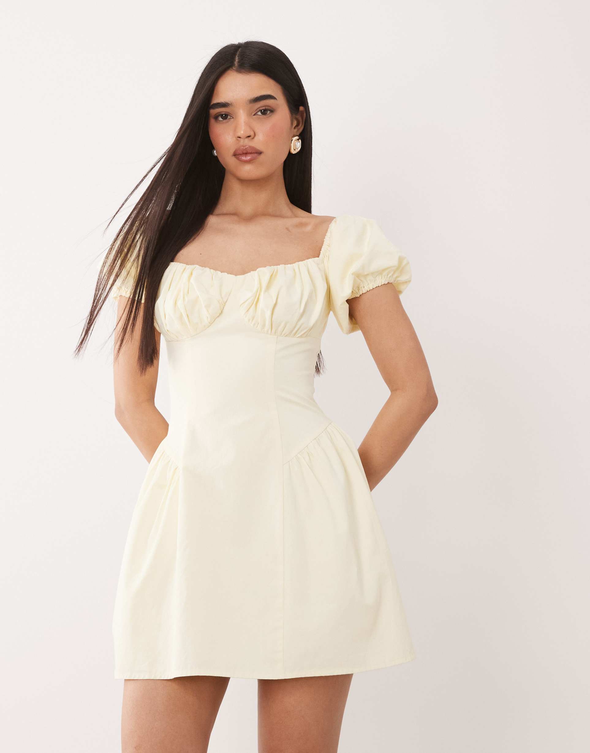 kaiia exclusive cotton milkmaid puff sleeve hip pleat detail mini dress in lemon